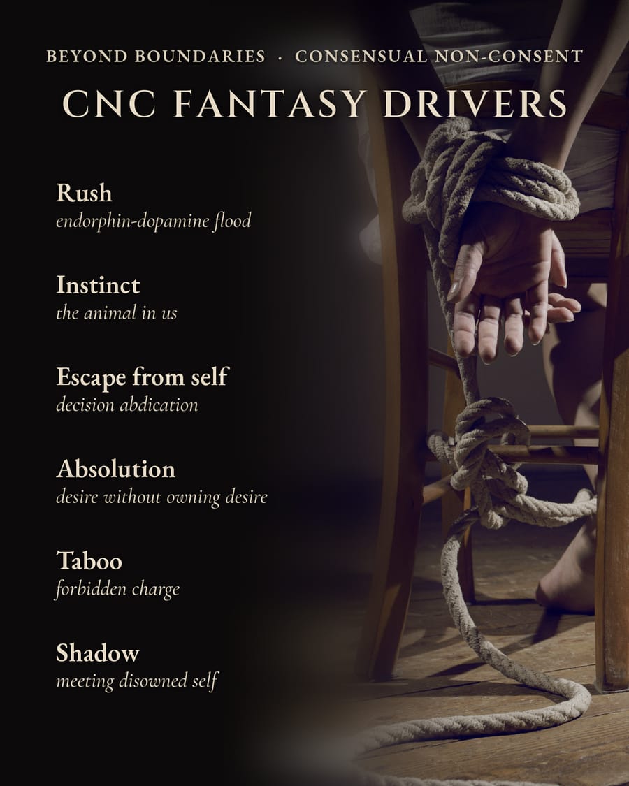Sample seminar card from Beyond Boundaries: Consensual Non-Consent. Fantasy drivers, second treatment.